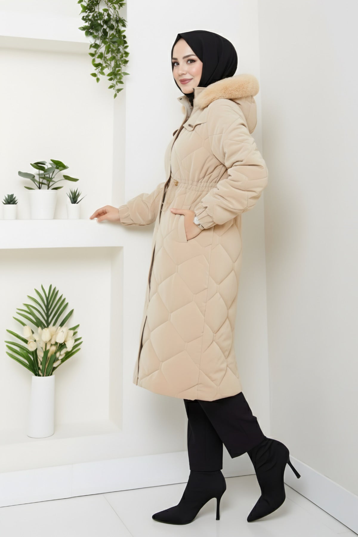 Kadın Beli Bağcıklı Nova Kumaş Mont - Bej