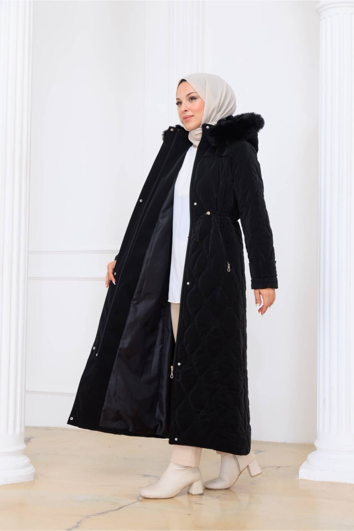 Kadın Beli Bağcıklı Nova Kumaş Mont - Siyah