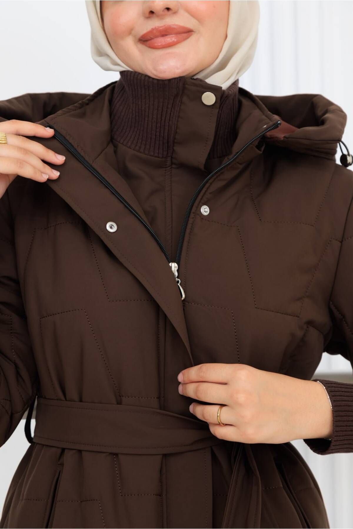 Kadın Beli Kuşaklı Montana Kumaş Mont - Kahverengi