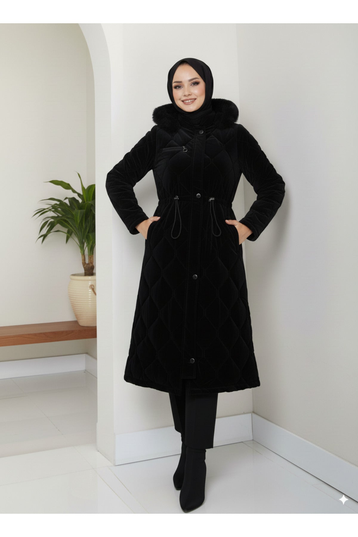 Kadın Beli Bağcıklı Nova Kumaş Mont - Siyah