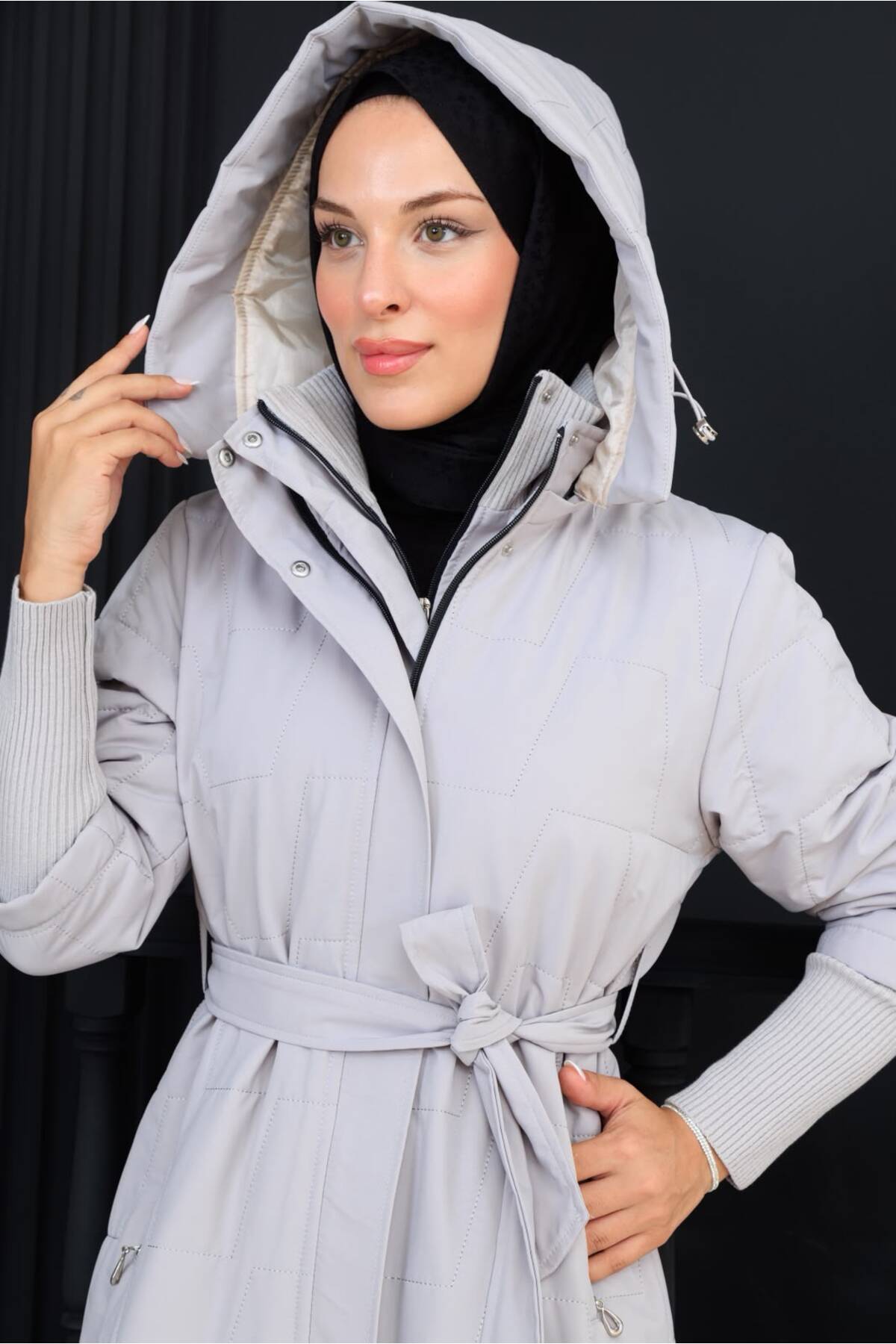 Kadın Beli Kuşaklı Montana Kumaş Mont - Beyaz