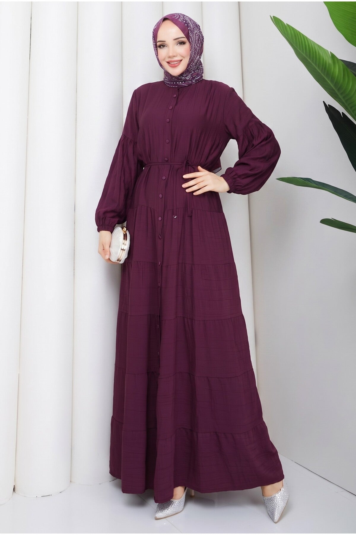 Çilek Kumaş Katlı Elbise - Bordo