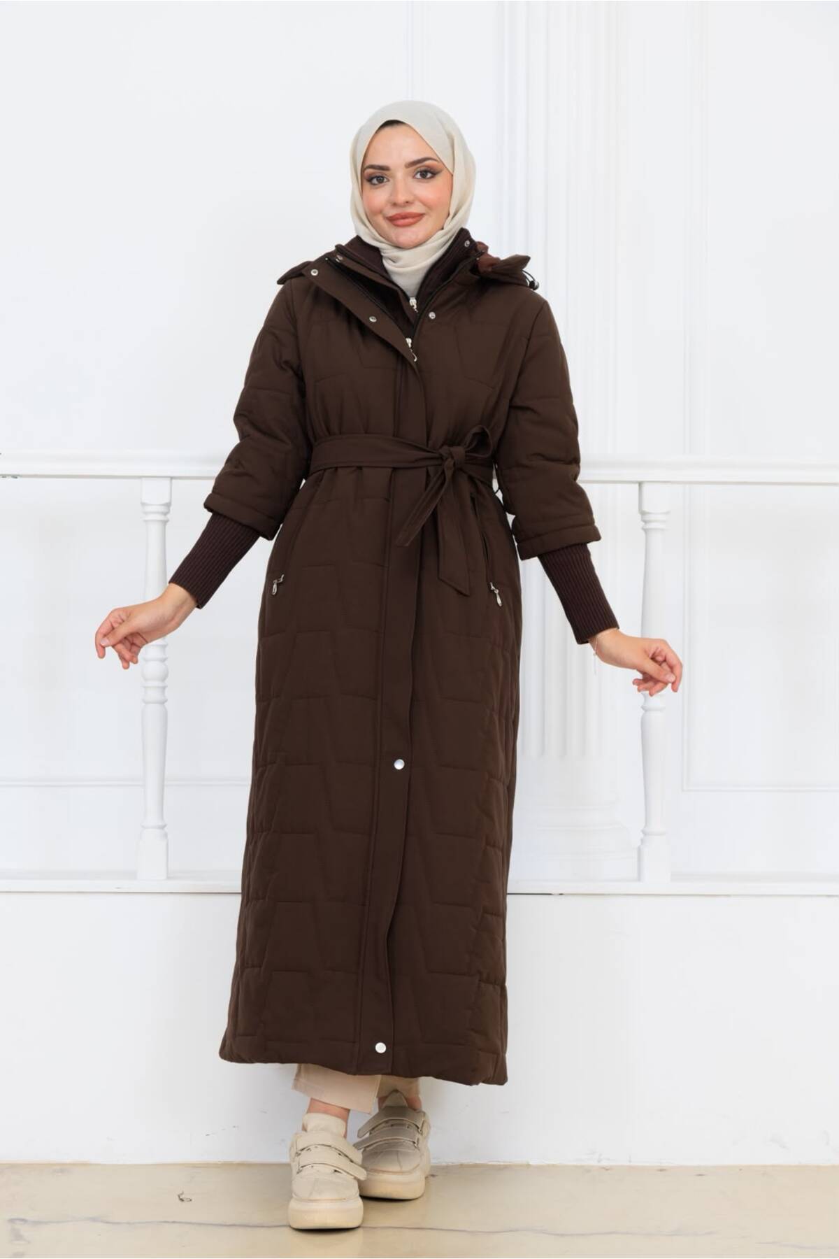 Kadın Beli Kuşaklı Montana Kumaş Mont - Kahverengi