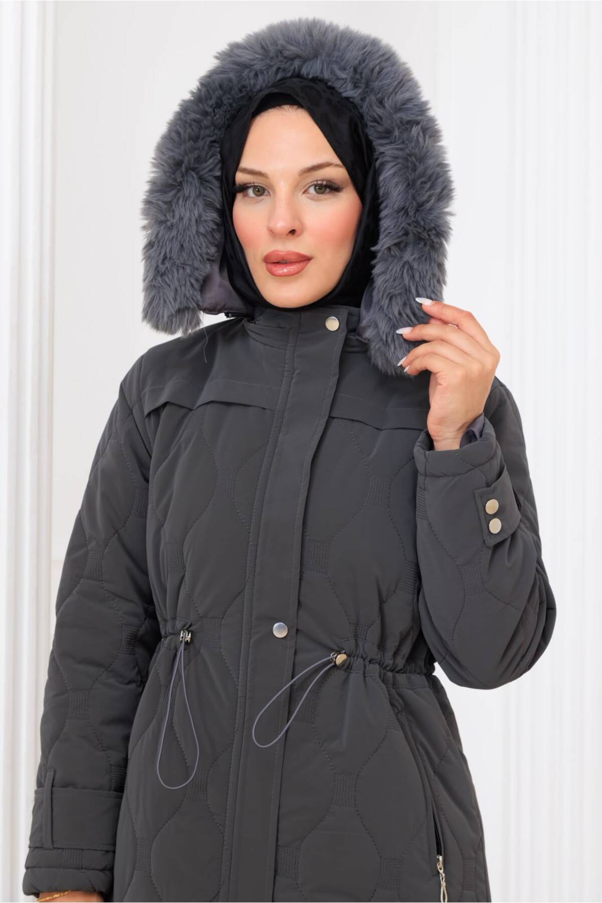 Kadın Beli Bağcıklı Nova Kumaş Mont - Gri