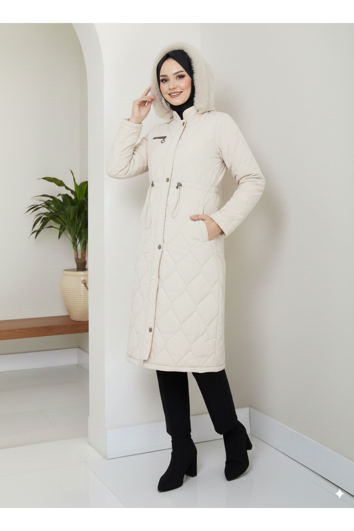Kadın Beli Bağcıklı Nova Kumaş Mont - Krem