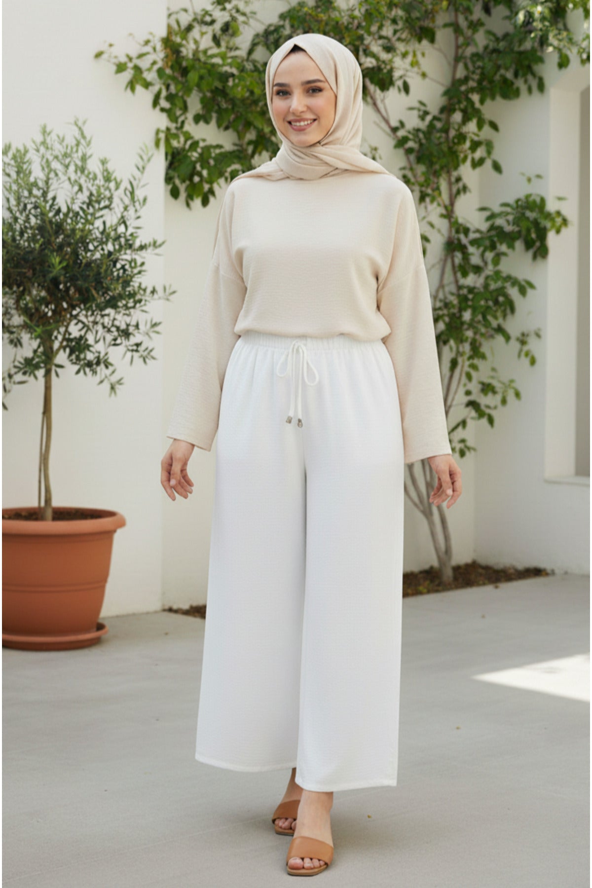 Beli Lastikli Ayrobin Pantolon - LVR005 - Beyaz