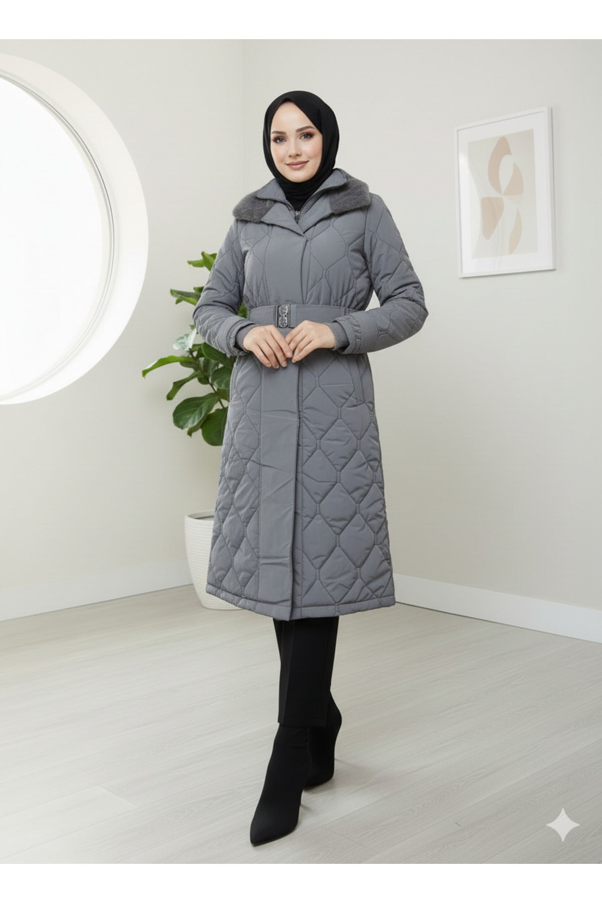 Kadın Kemerli Nova Kumaş Mont - Gri