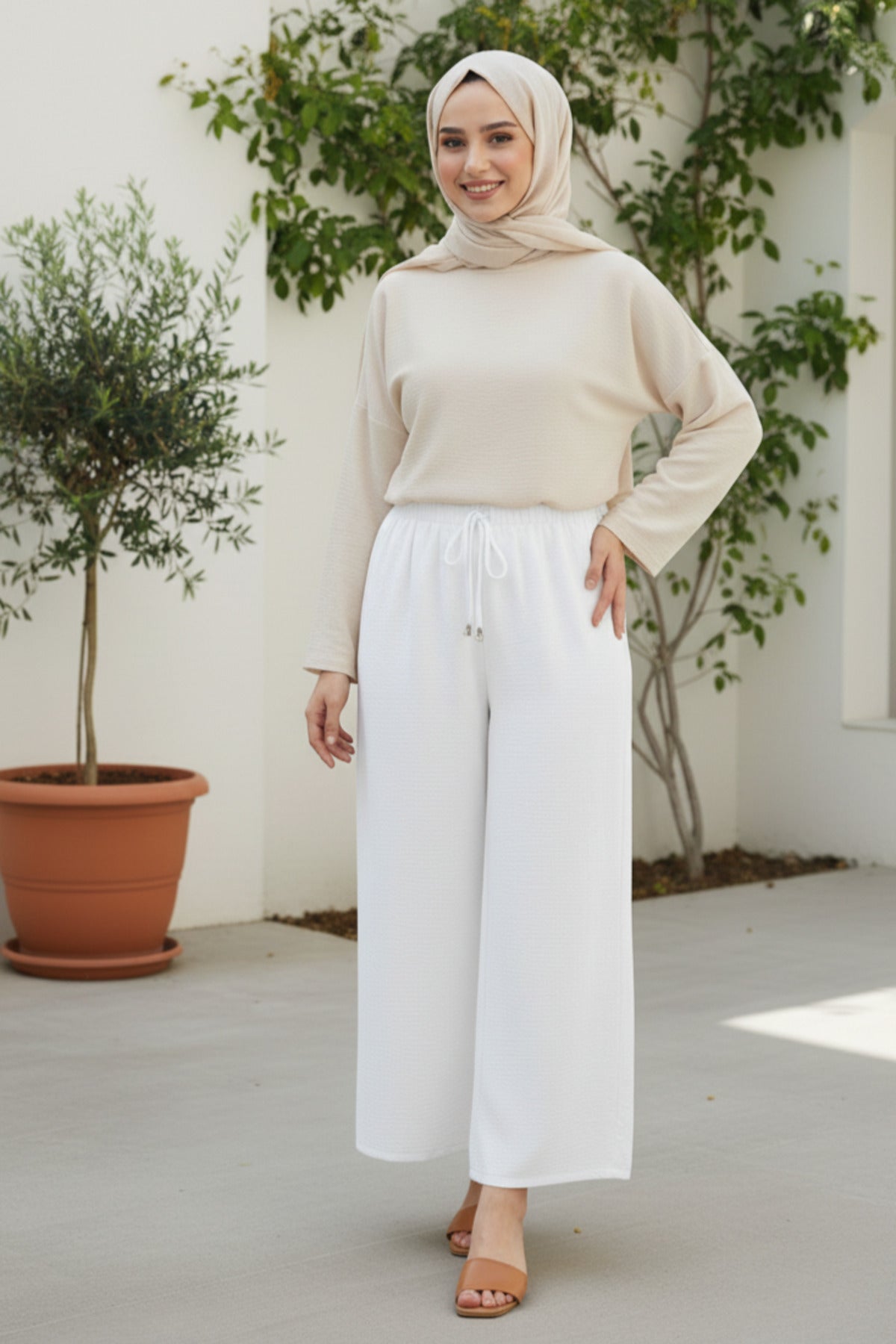 Beli Lastikli Ayrobin Pantolon - LVR005 - Beyaz