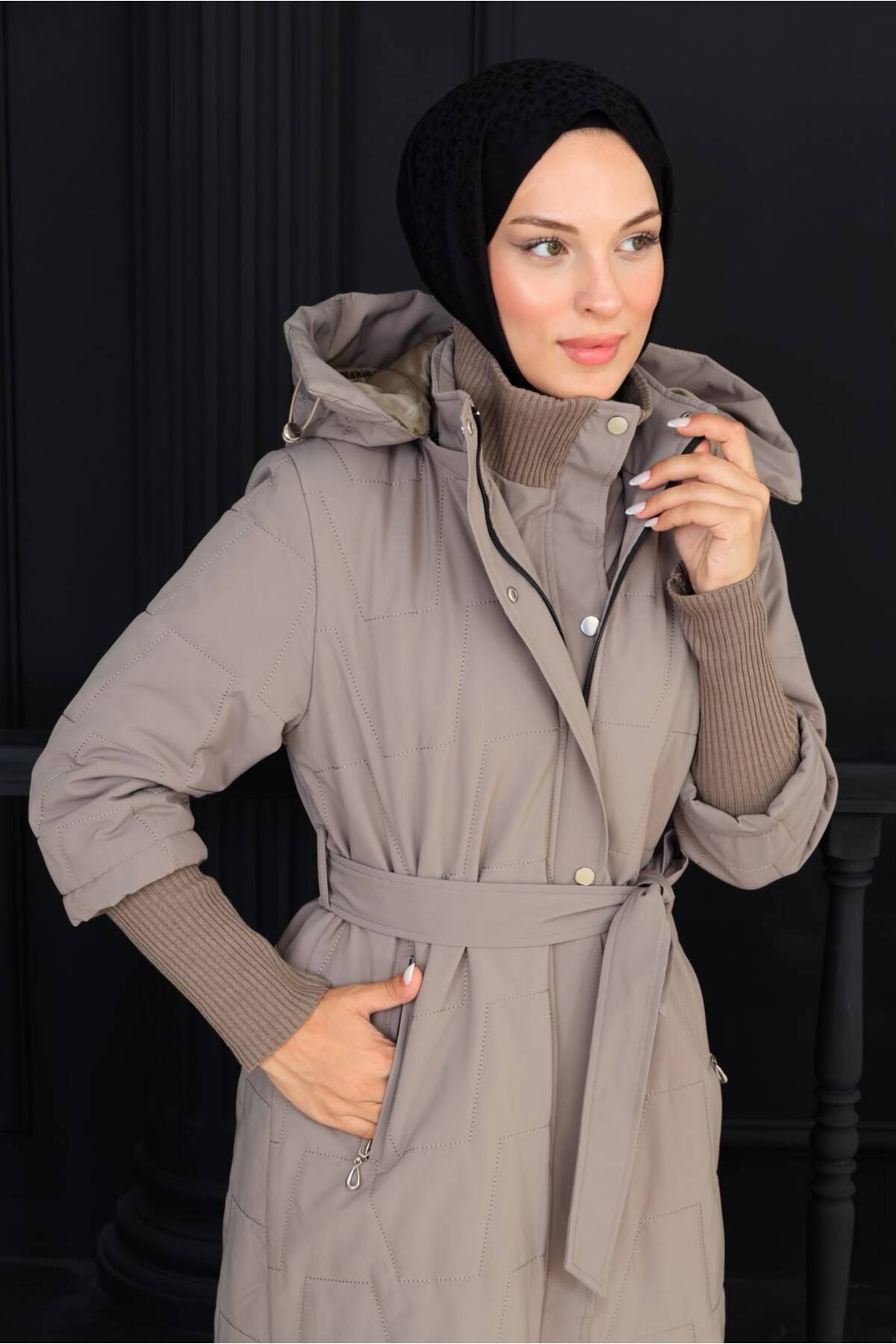 Kadın Beli Kuşaklı Montana Kumaş Mont - Krem
