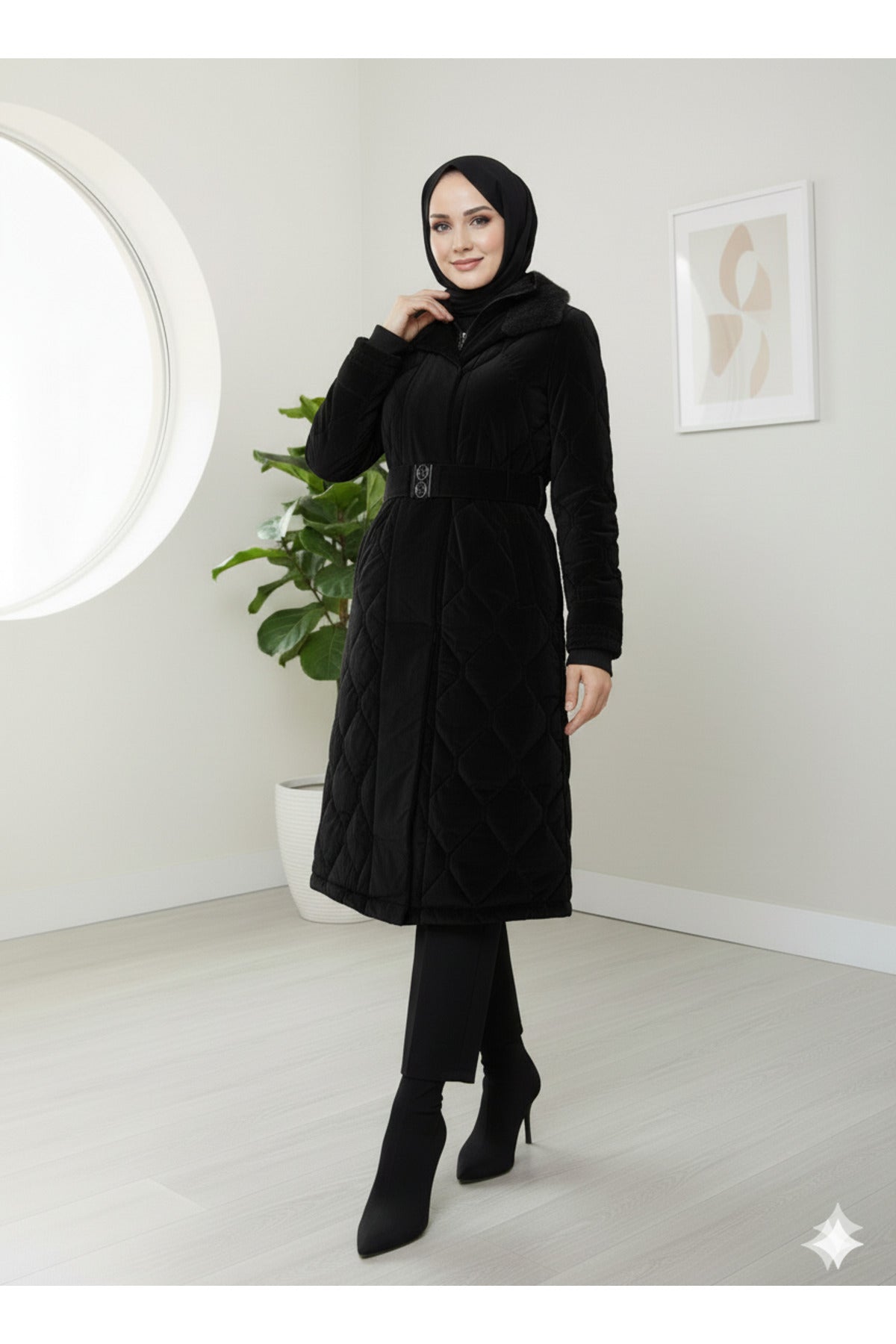 Kadın Kemerli Nova Kumaş Mont - Siyah
