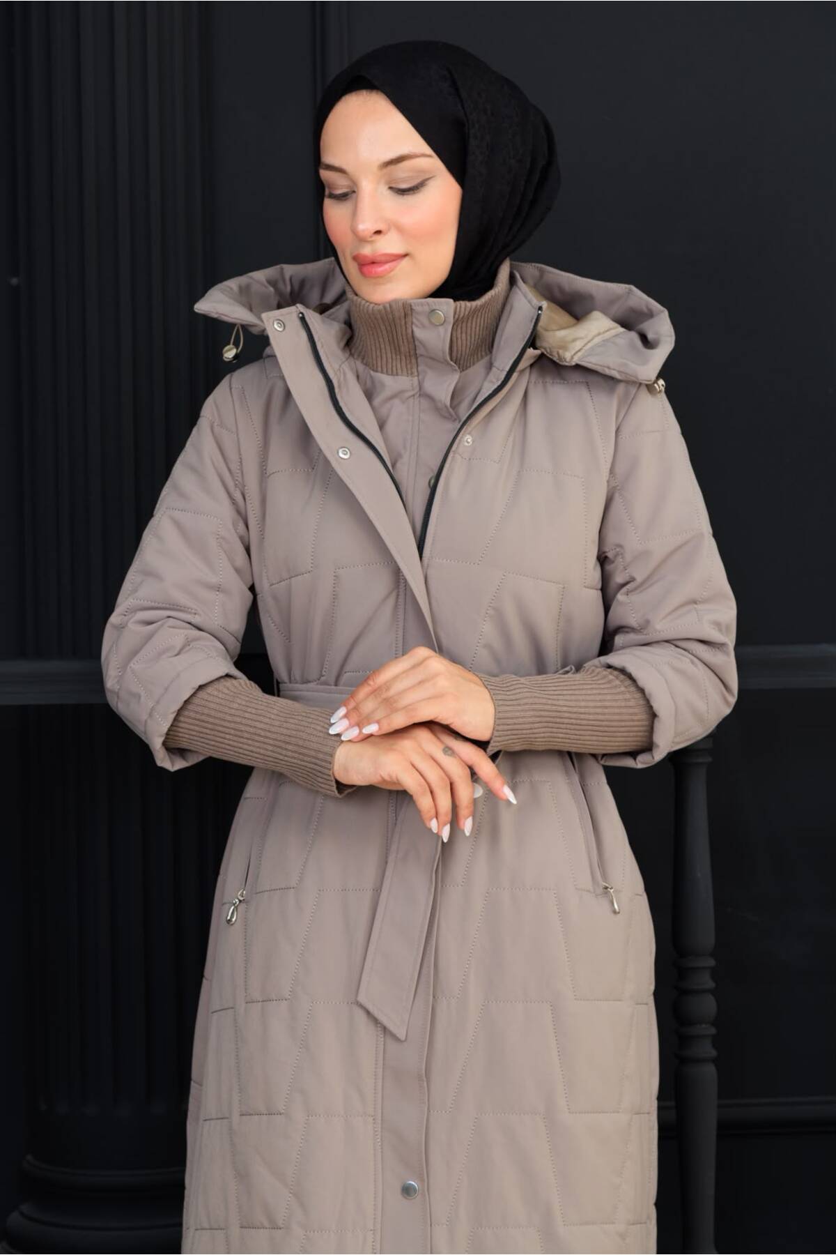 Kadın Beli Kuşaklı Montana Kumaş Mont - Krem
