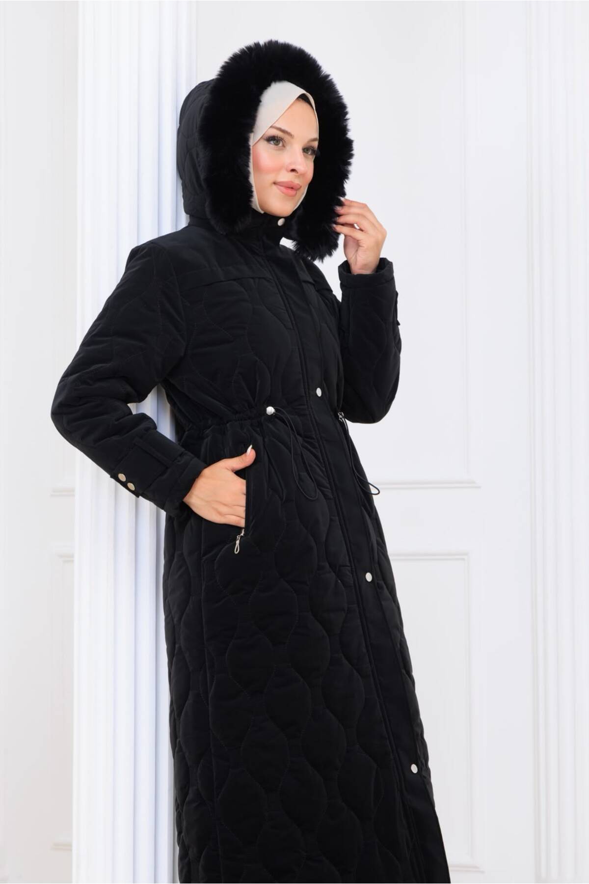 Kadın Beli Bağcıklı Nova Kumaş Mont - Siyah