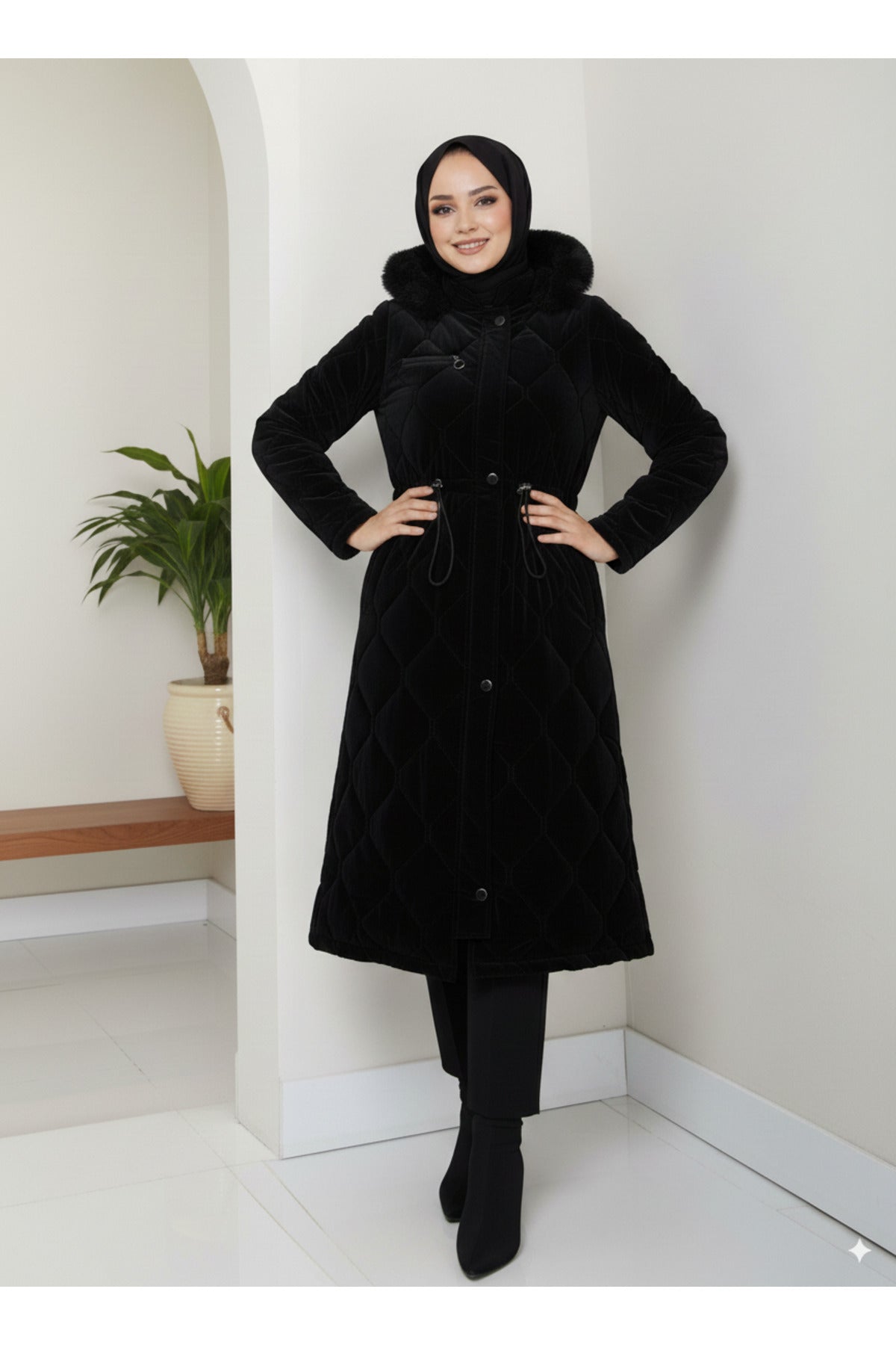 Kadın Beli Bağcıklı Nova Kumaş Mont - Siyah