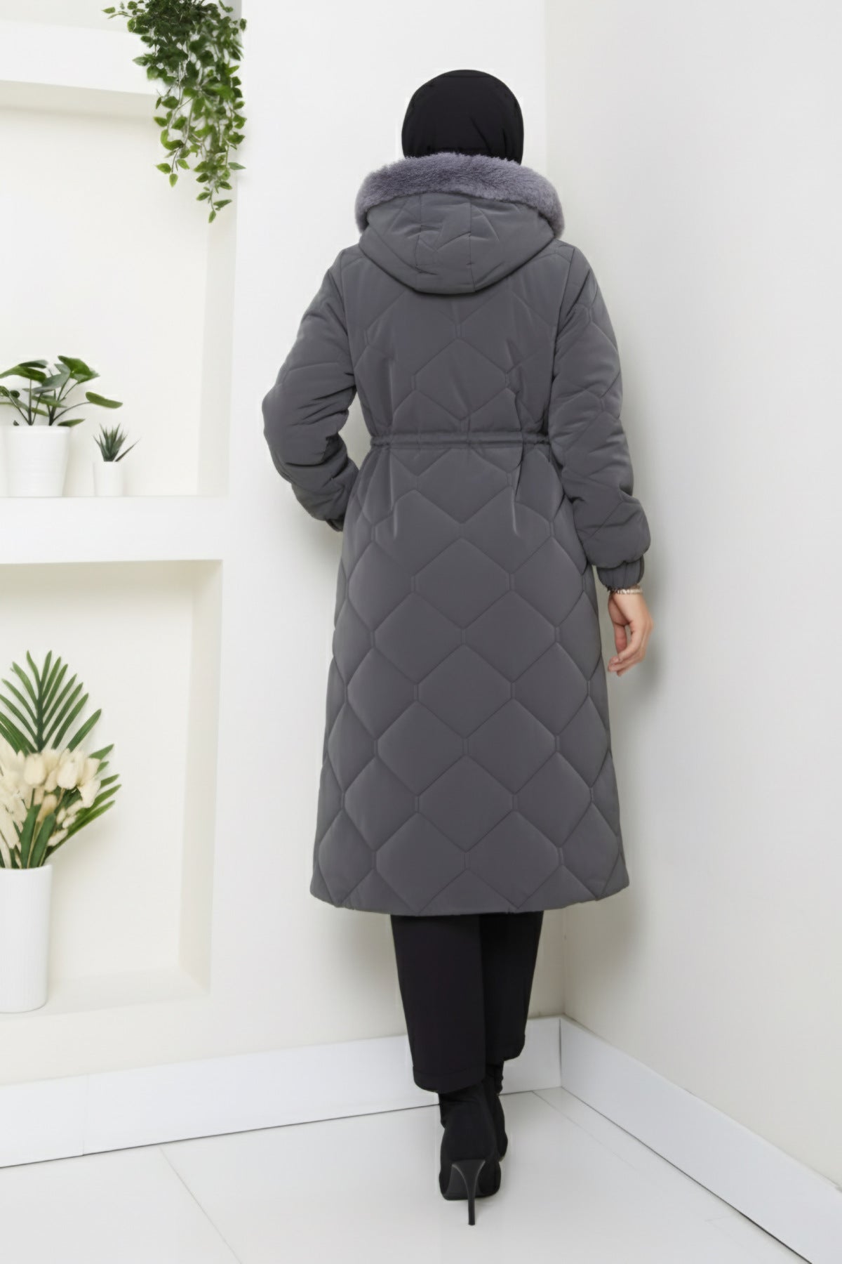Kadın Beli Bağcıklı Nova Kumaş Mont - Gri