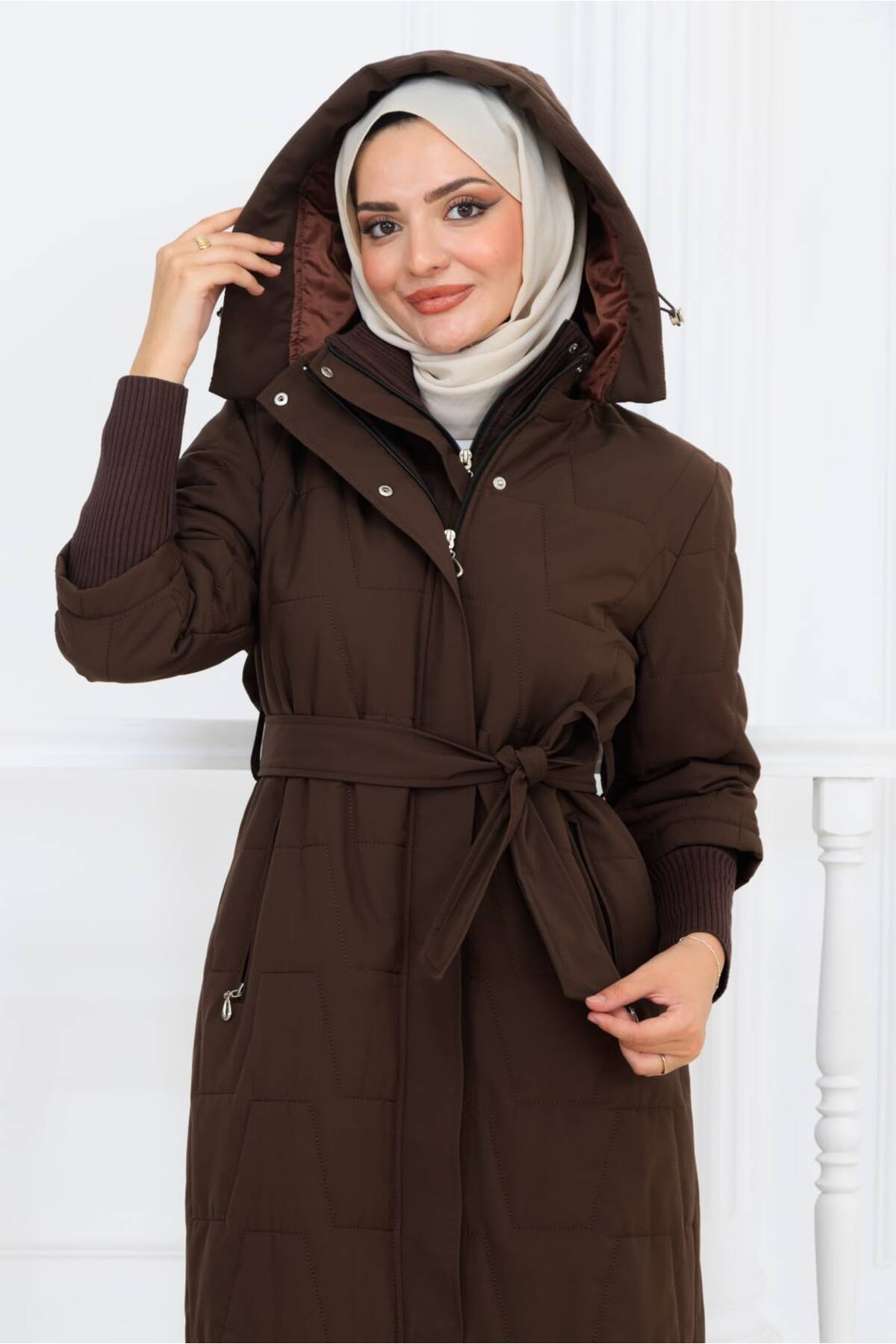 Kadın Beli Kuşaklı Montana Kumaş Mont - Kahverengi