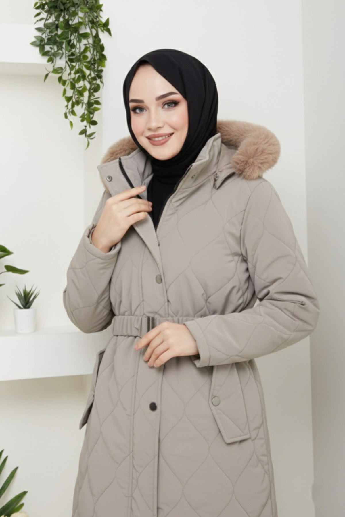 Kadın Kemerli Nova Kumaş Mont - Krem