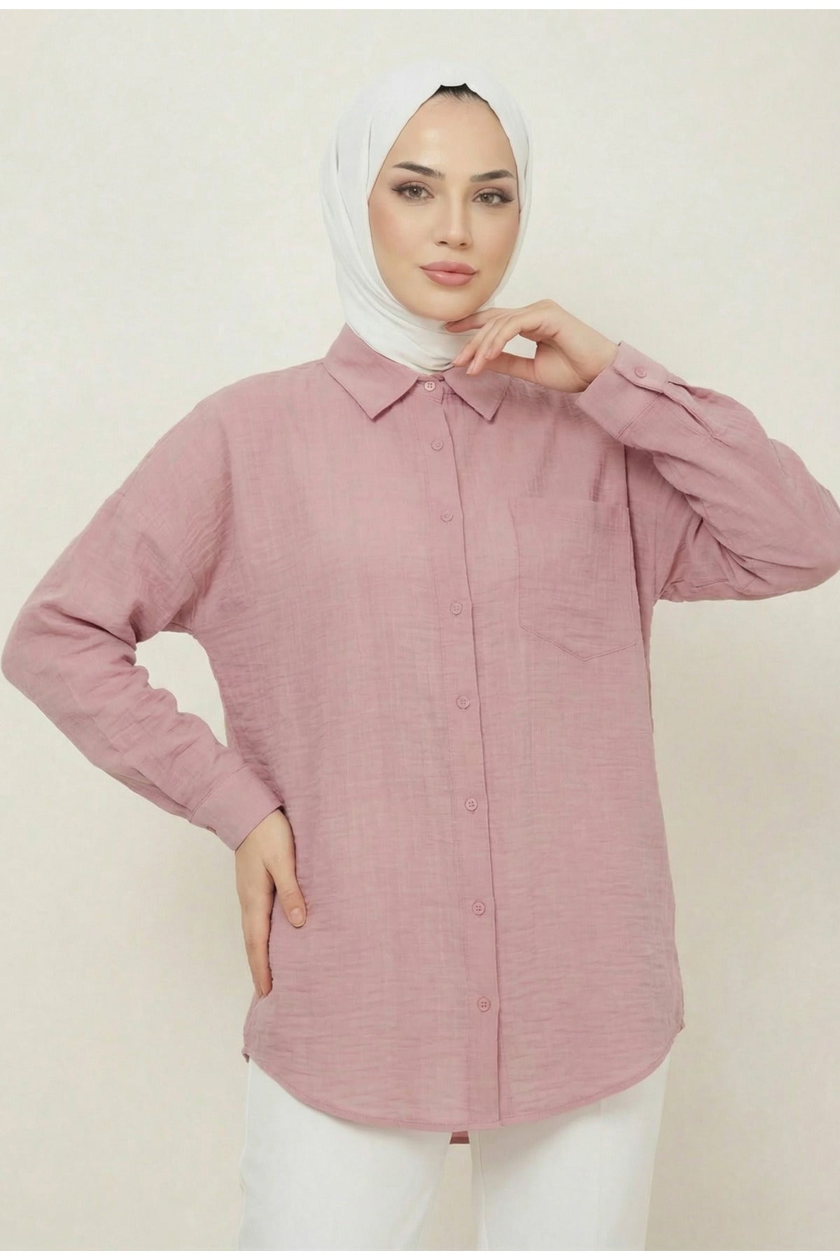 Kadın Cepli Basic Keten Gömlek LVR001 - Pembe