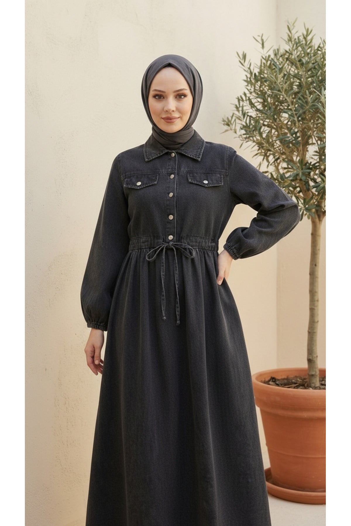 Kadın Düğmeli Bağcıklı Kot Elbise - LVR009 - Siyah