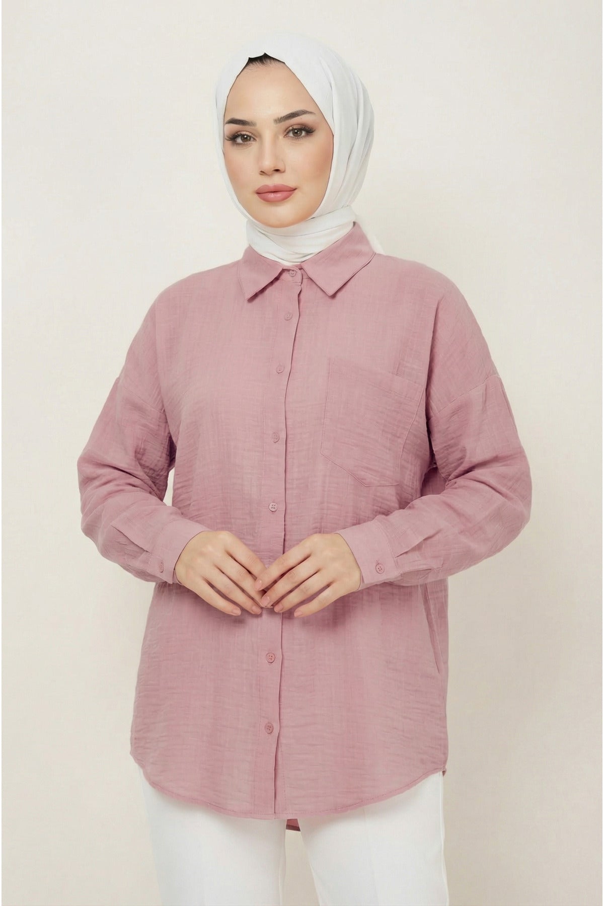 Kadın Cepli Basic Keten Gömlek LVR001 - Pembe