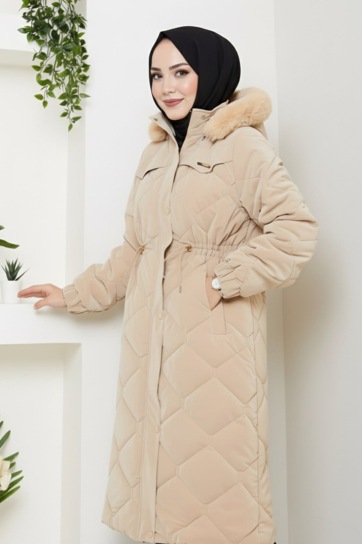 Kadın Beli Bağcıklı Nova Kumaş Mont - Bej