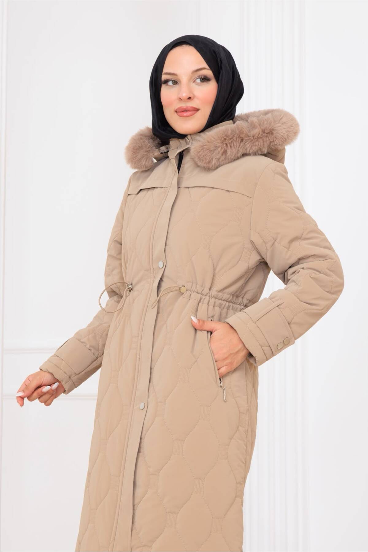 Kadın Beli Bağcıklı Nova Kumaş Mont - Bej