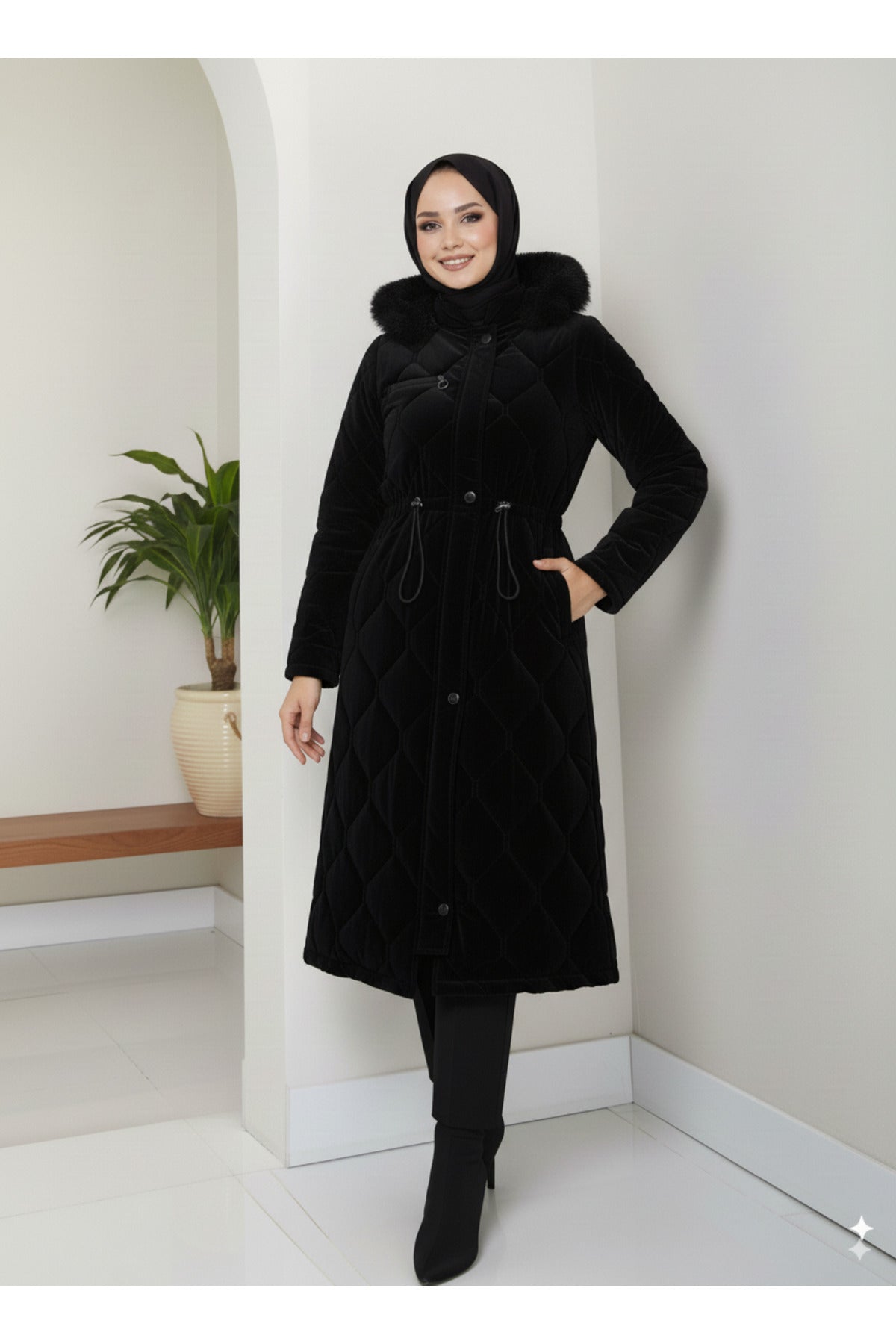 Kadın Beli Bağcıklı Nova Kumaş Mont - Siyah