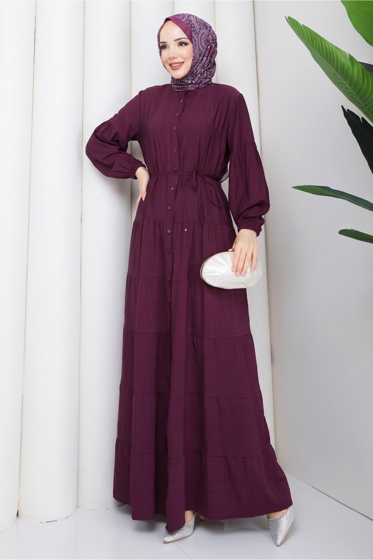 Çilek Kumaş Katlı Elbise - Bordo