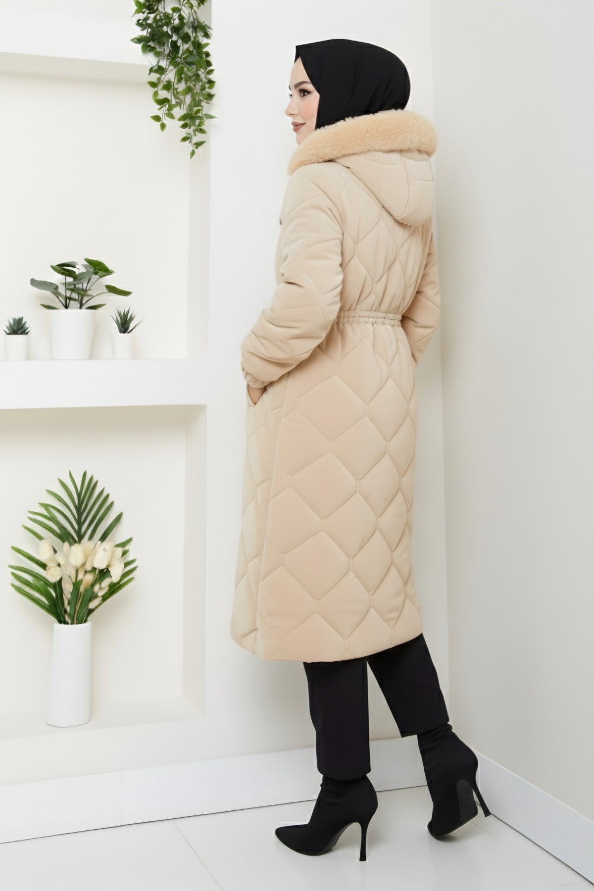 Kadın Beli Bağcıklı Nova Kumaş Mont - Bej