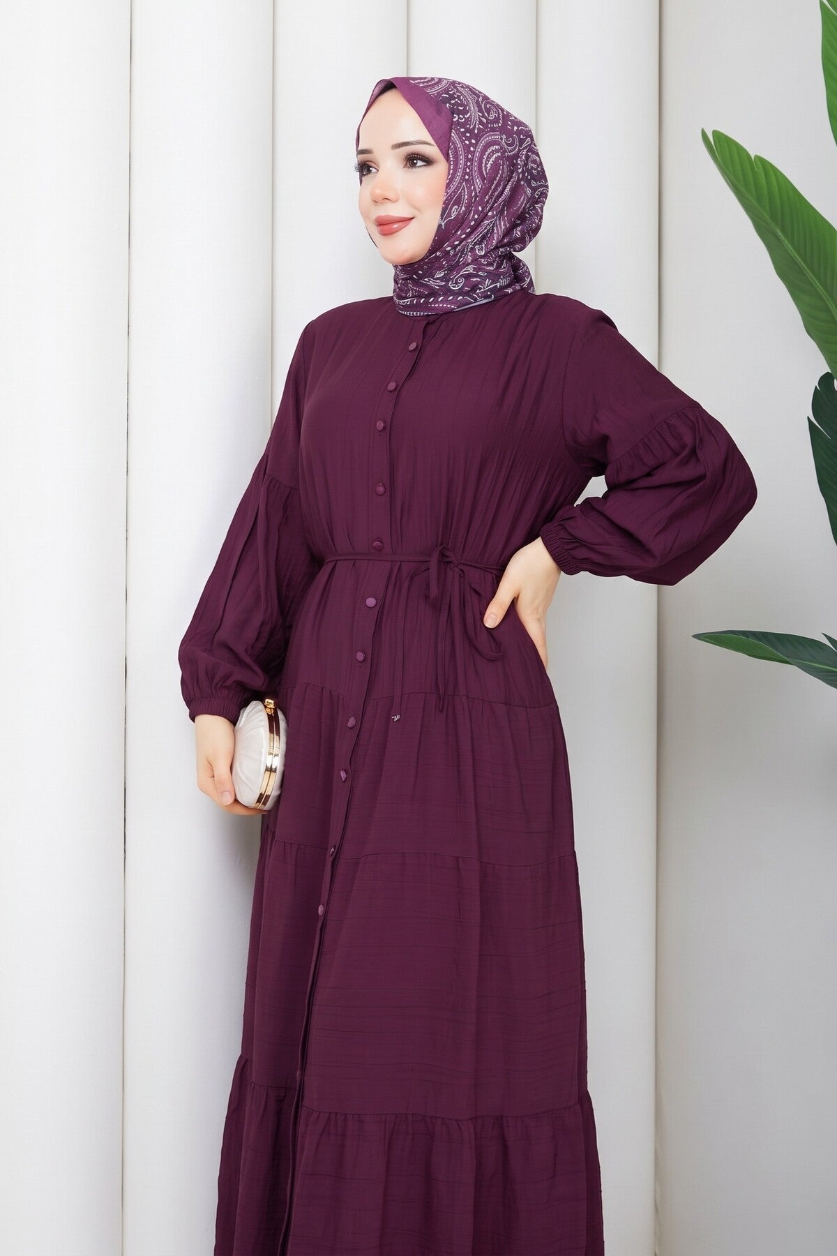 Çilek Kumaş Katlı Elbise - Bordo