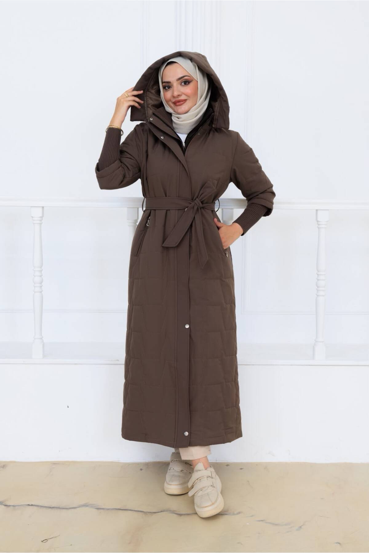 Kadın Beli Kuşaklı Montana Kumaş Mont - Bej