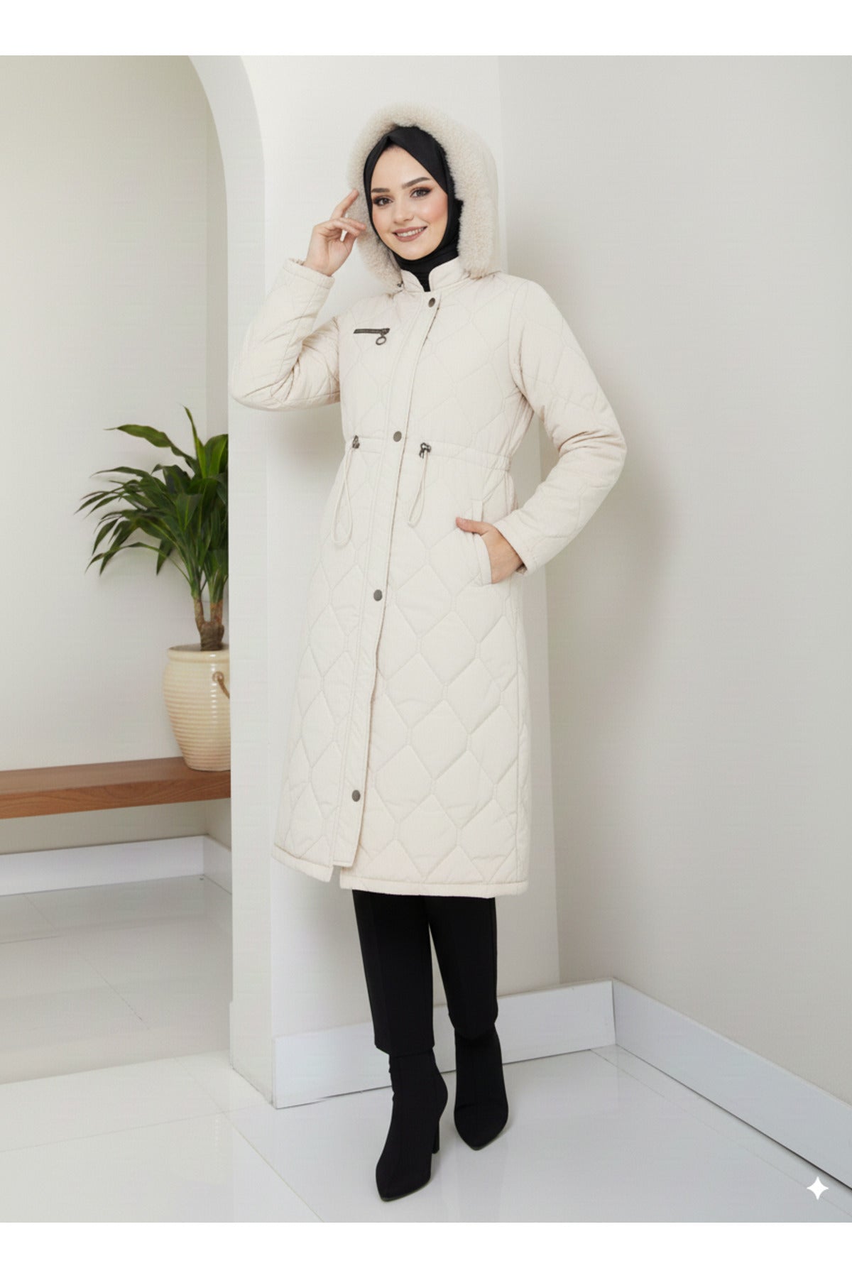 Kadın Beli Bağcıklı Nova Kumaş Mont - Krem