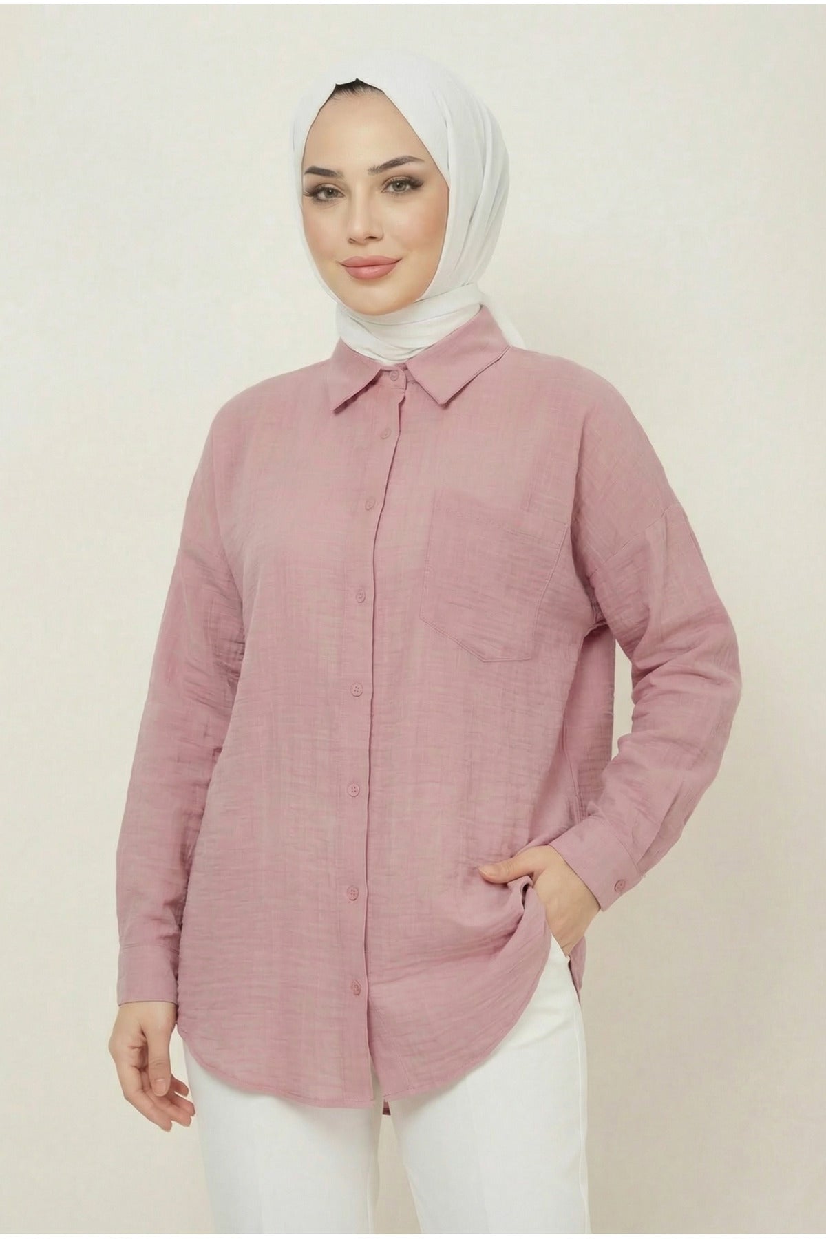 Kadın Cepli Basic Keten Gömlek LVR001 - Pembe
