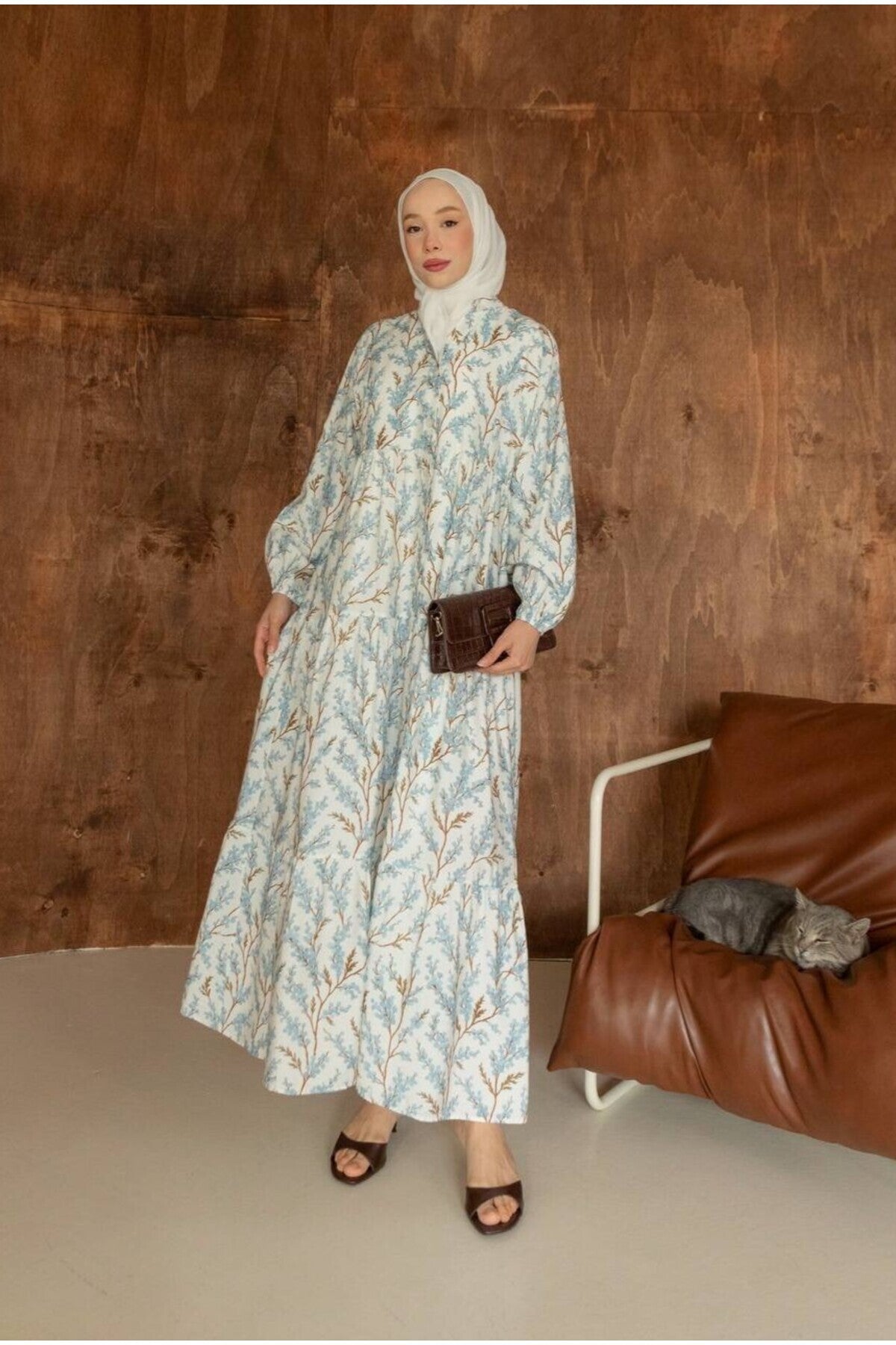 Kadın Desenli Modal Elbise - Mavi