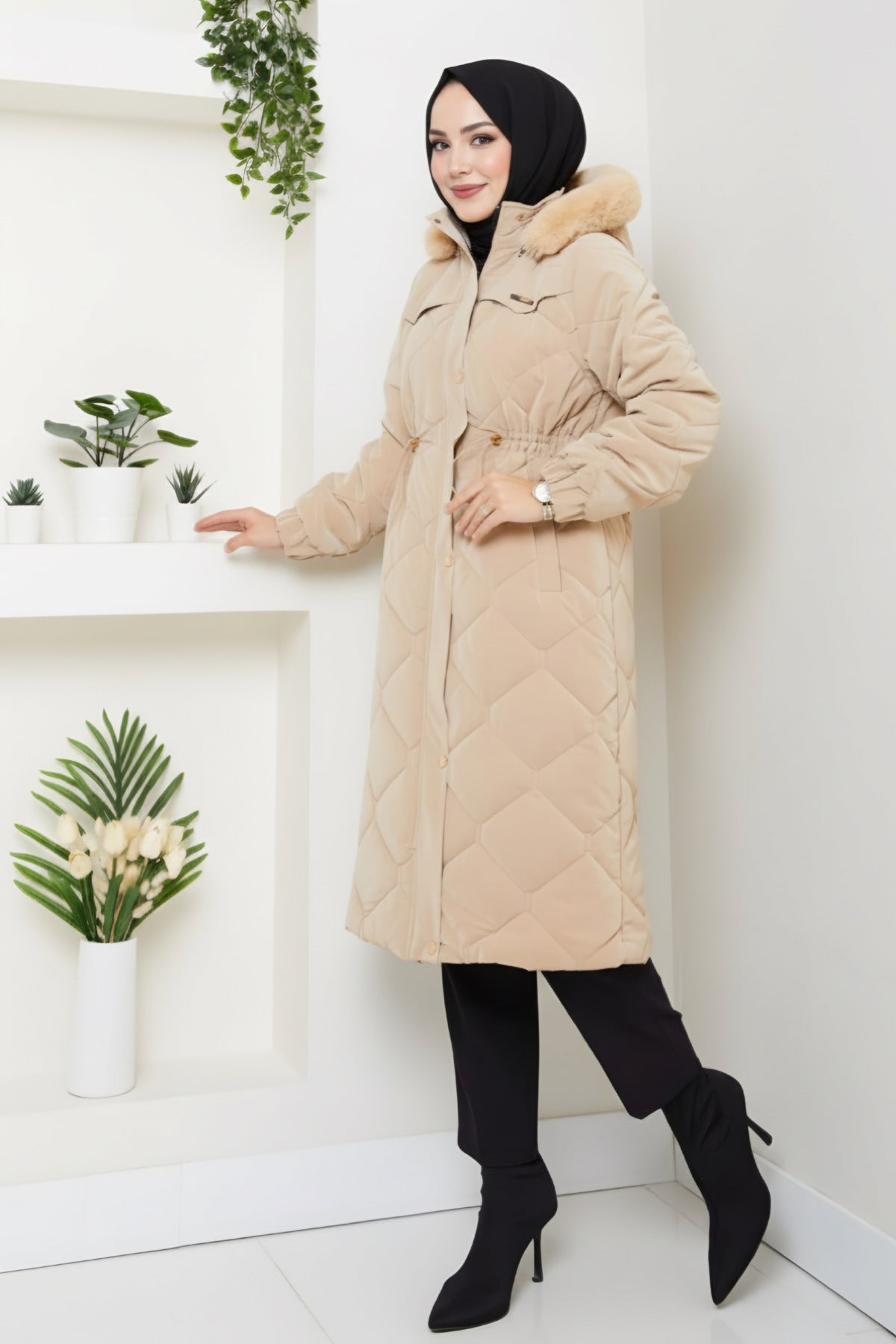 Kadın Beli Bağcıklı Nova Kumaş Mont - Bej