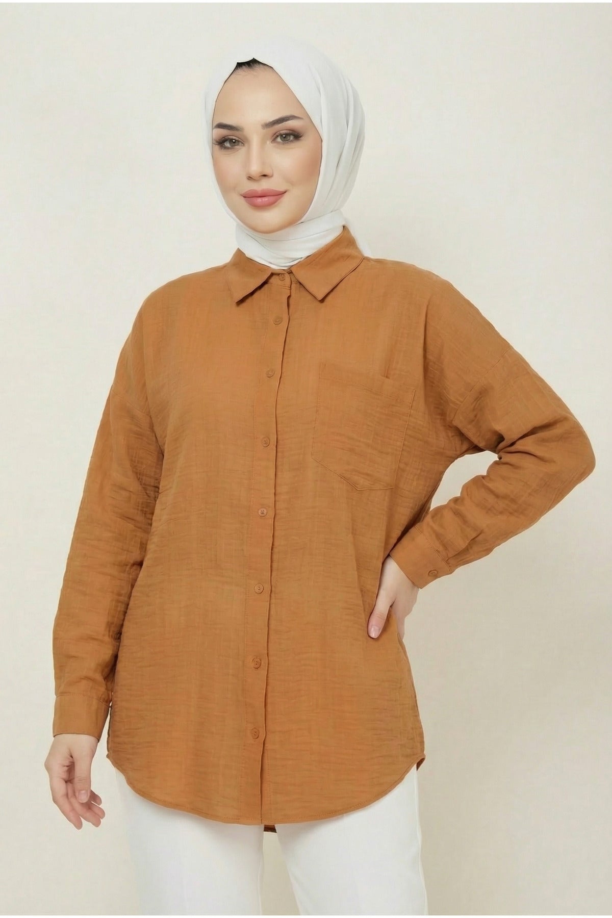 Kadın Cepli Basic Keten Gömlek