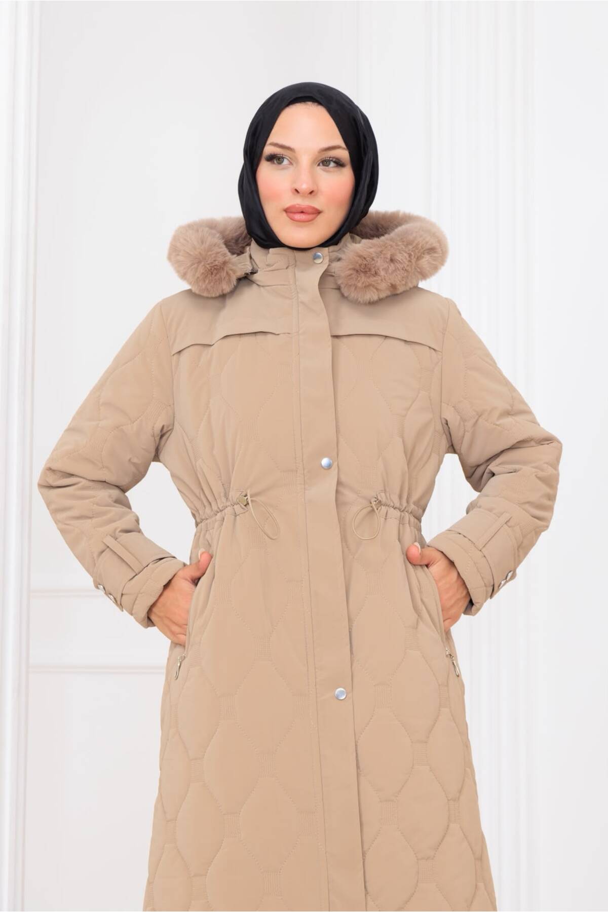 Kadın Beli Bağcıklı Nova Kumaş Mont - Bej