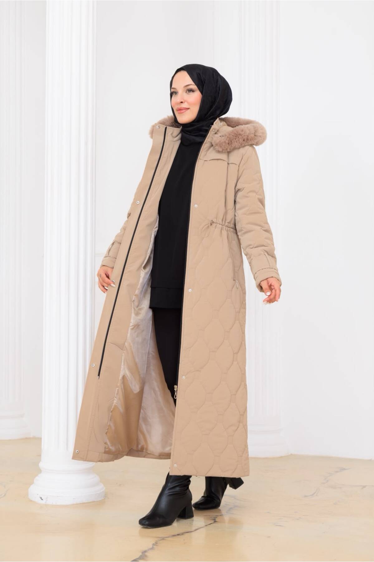 Kadın Beli Bağcıklı Nova Kumaş Mont - Bej