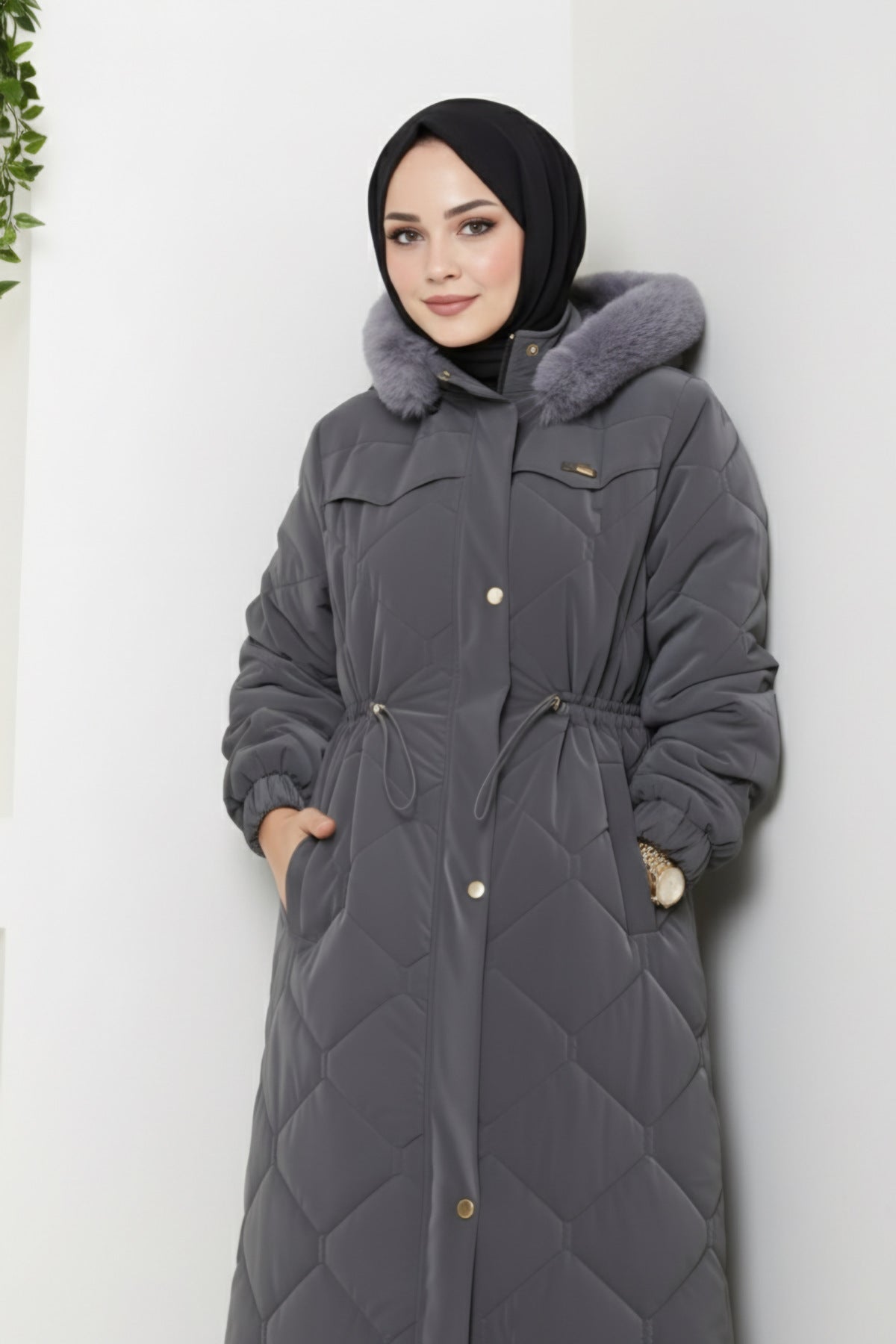 Kadın Beli Bağcıklı Nova Kumaş Mont - Gri