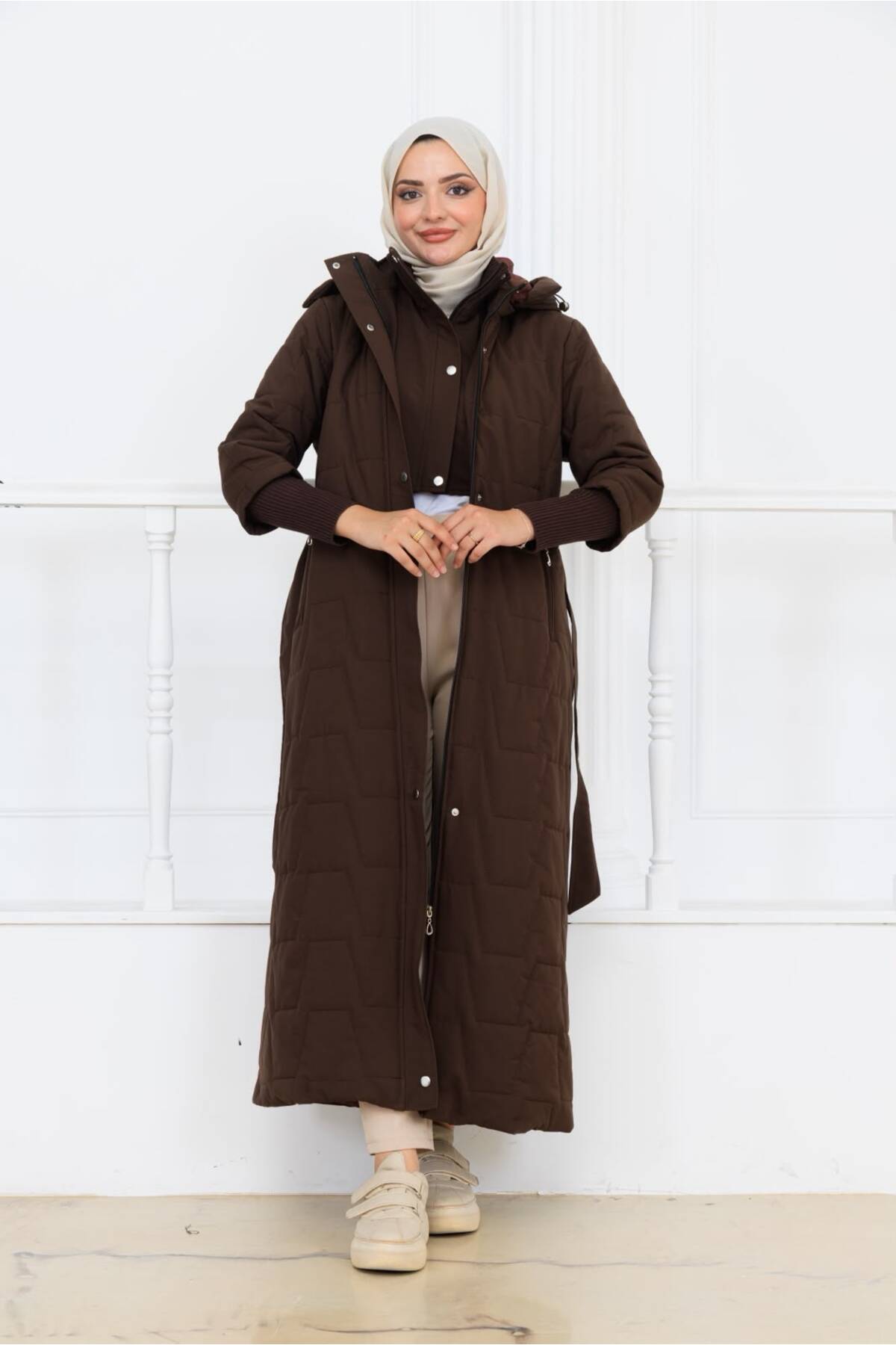 Kadın Beli Kuşaklı Montana Kumaş Mont - Kahverengi