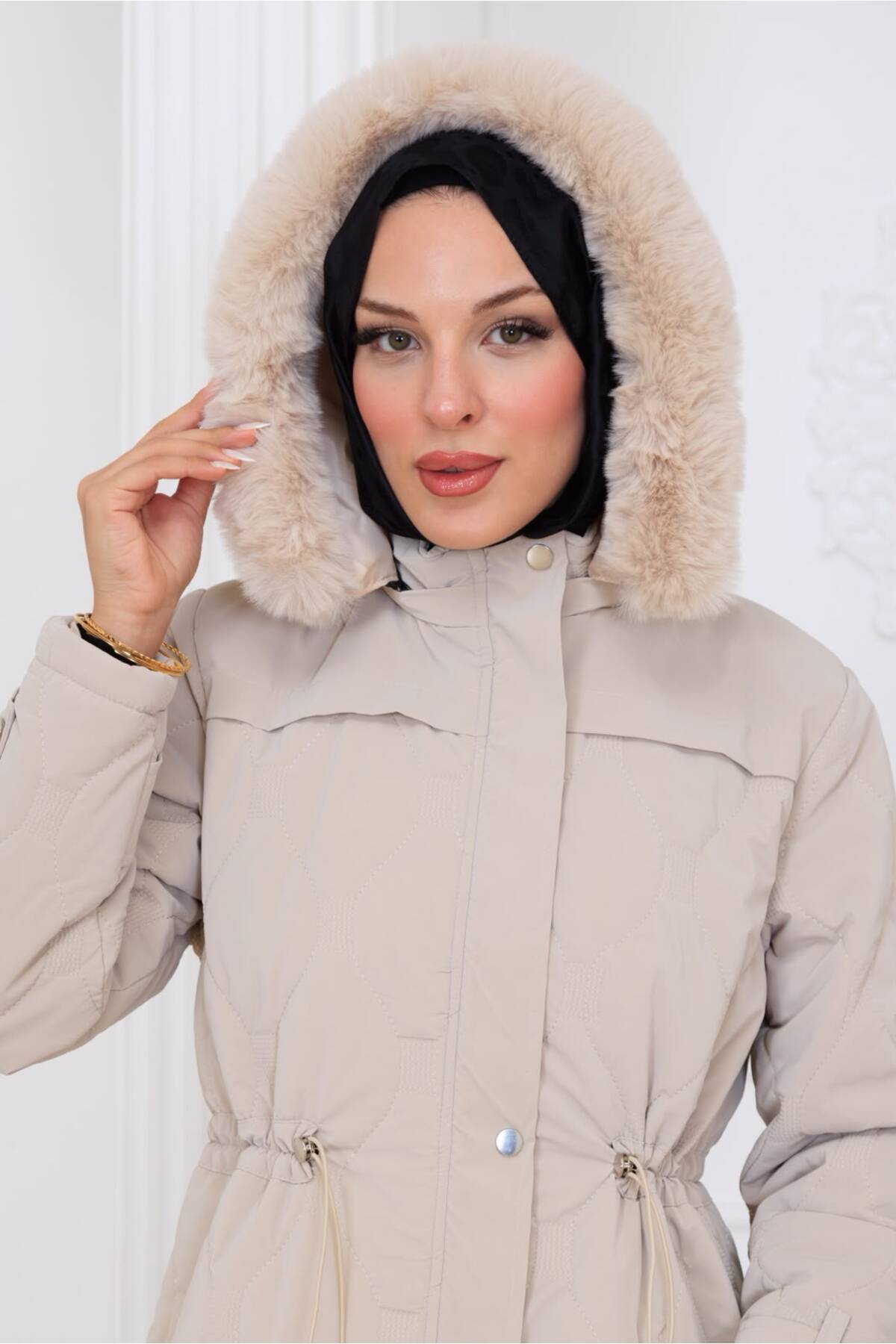 Kadın Beli Bağcıklı Nova Kumaş Mont - Krem