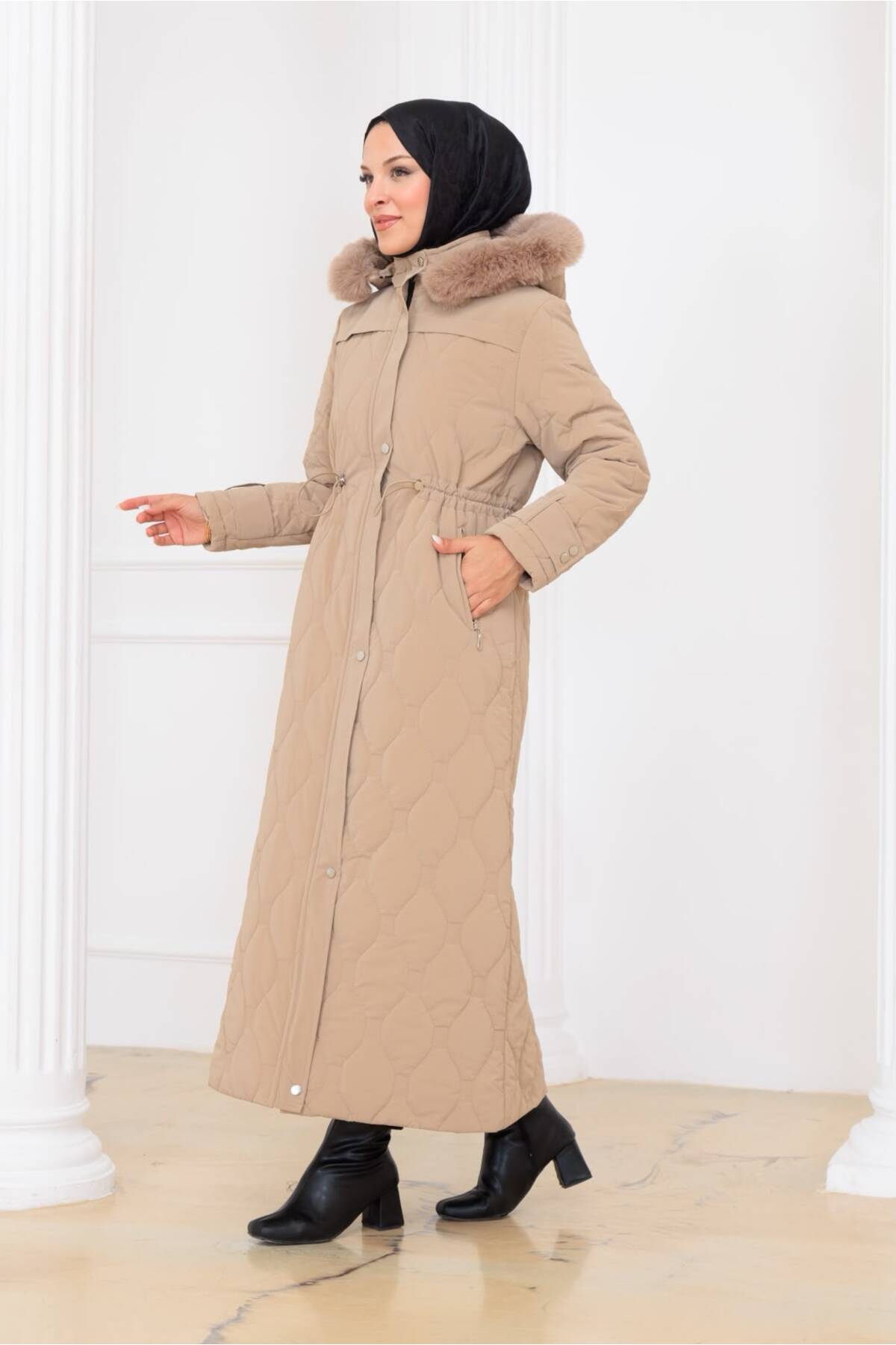 Kadın Beli Bağcıklı Nova Kumaş Mont - Bej