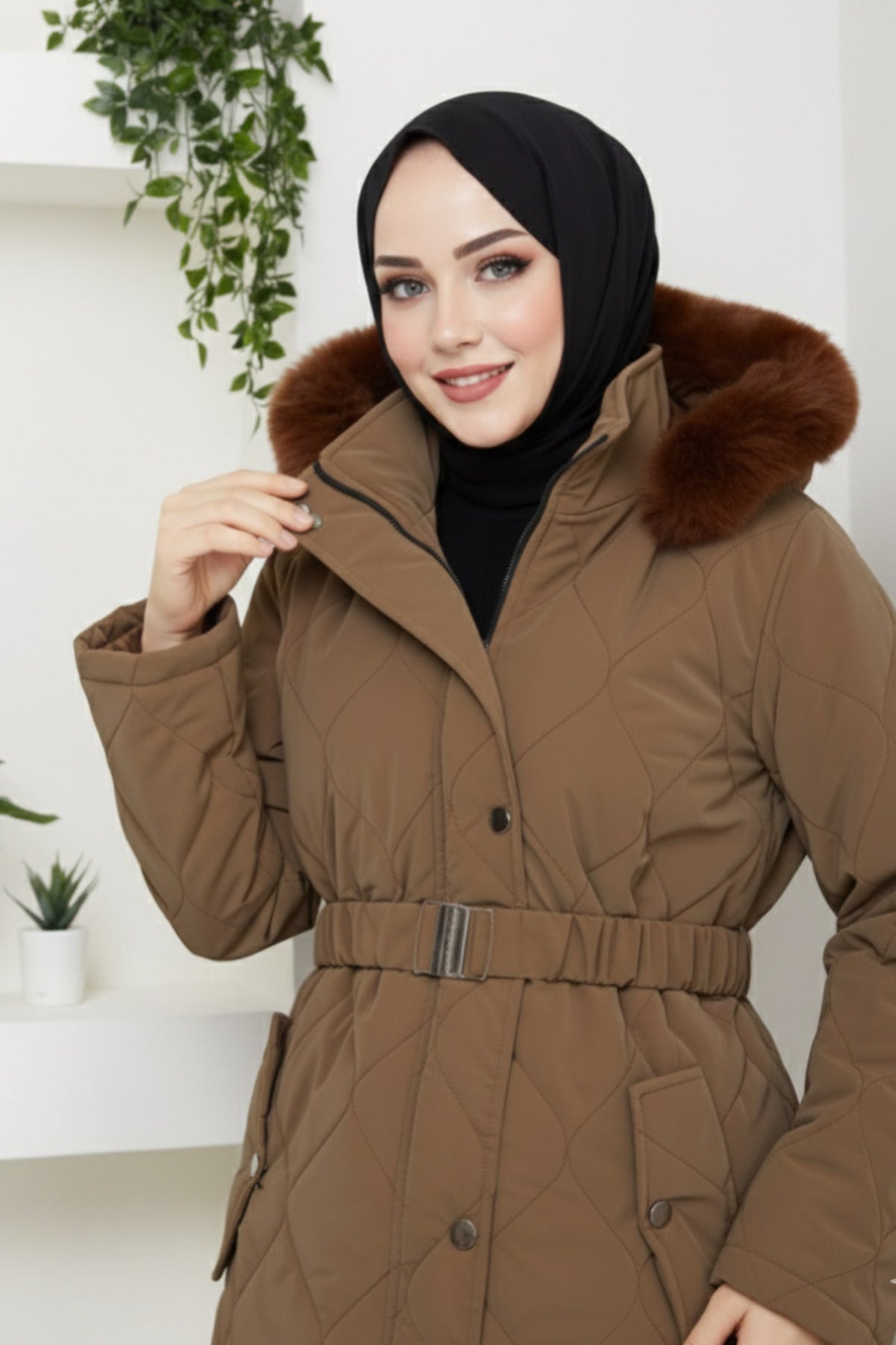 Kadın Kemerli Nova Kumaş Mont - Kahverengi